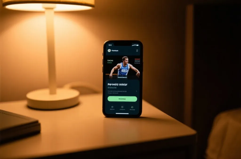Smartphone displaying a sports application in dark mode on a nightstand with warm ambient light